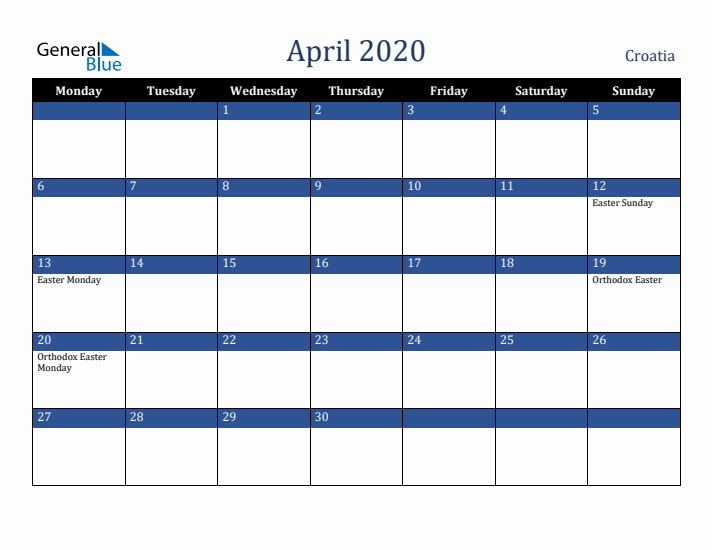April 2020 Croatia Calendar (Monday Start)