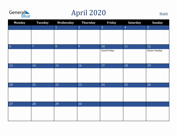 April 2020 Haiti Calendar (Monday Start)