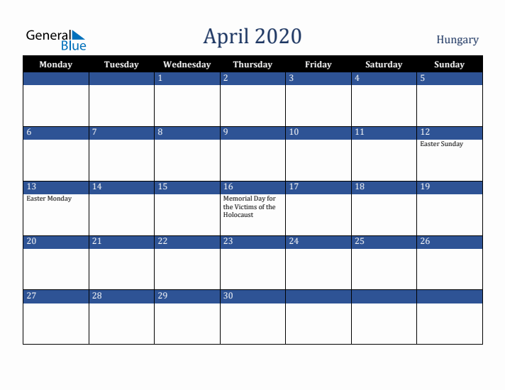 April 2020 Hungary Calendar (Monday Start)