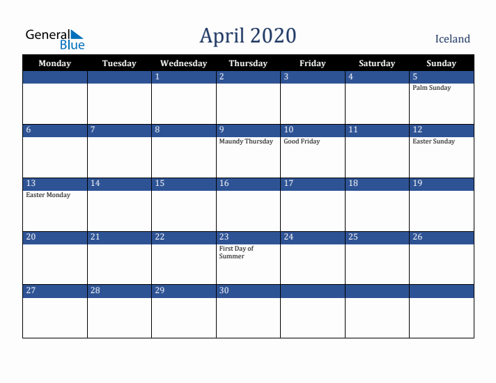April 2020 Iceland Calendar (Monday Start)