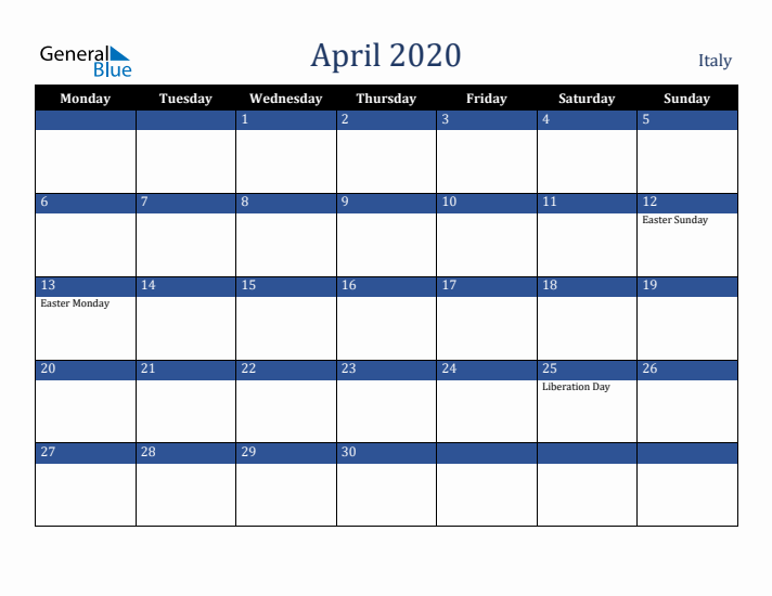 April 2020 Italy Calendar (Monday Start)