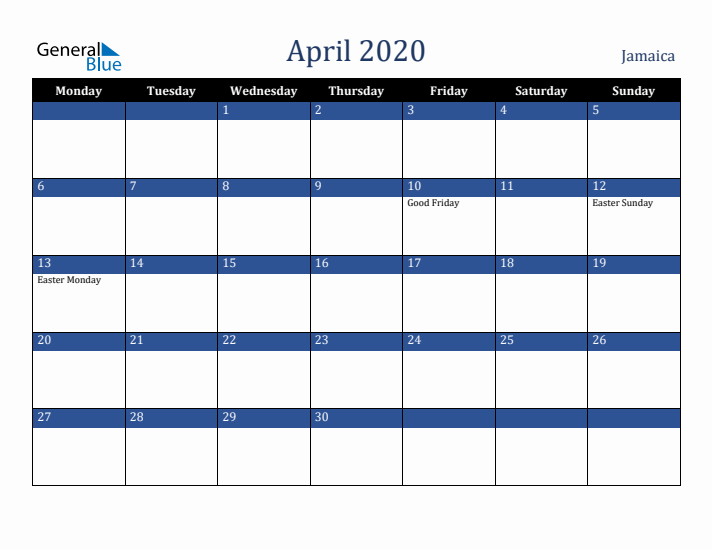 April 2020 Jamaica Calendar (Monday Start)