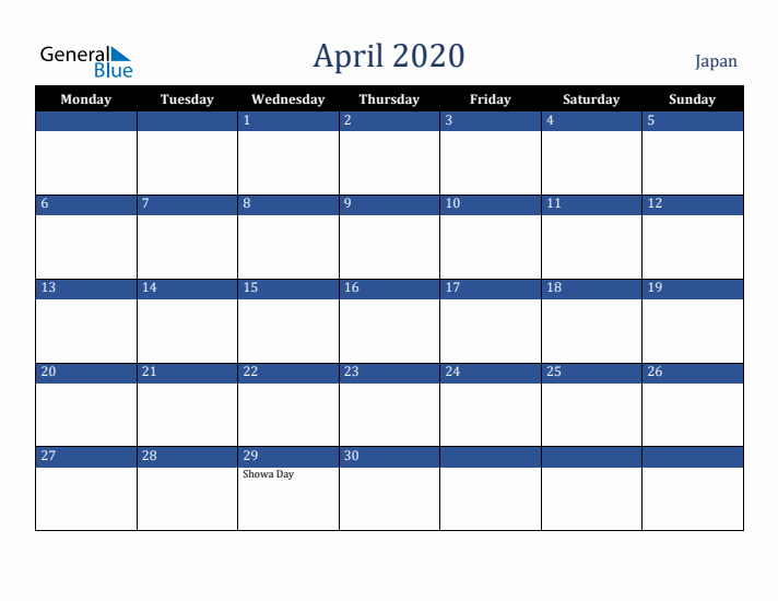 April 2020 Japan Calendar (Monday Start)