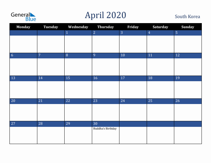 April 2020 South Korea Calendar (Monday Start)