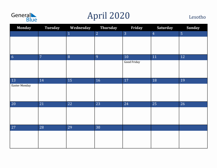 April 2020 Lesotho Calendar (Monday Start)