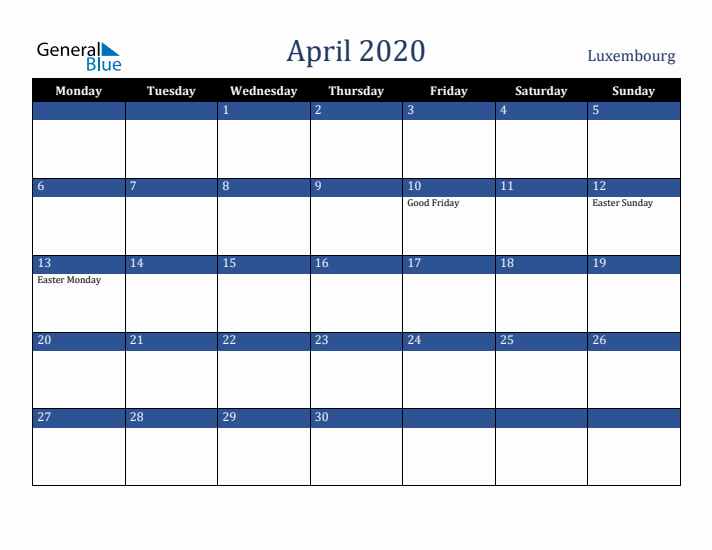 April 2020 Luxembourg Calendar (Monday Start)