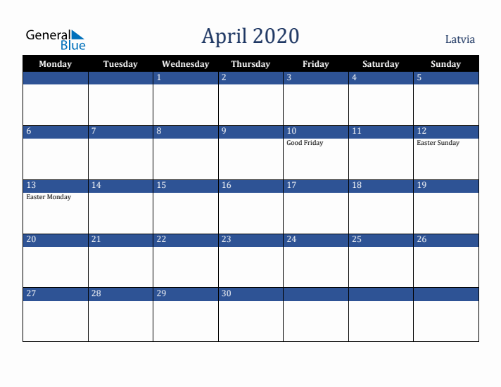 April 2020 Latvia Calendar (Monday Start)