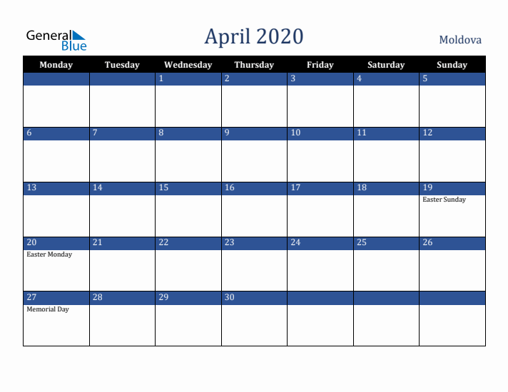 April 2020 Moldova Calendar (Monday Start)