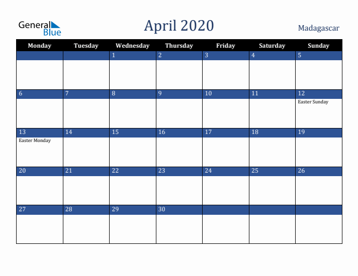 April 2020 Madagascar Calendar (Monday Start)