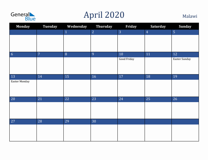 April 2020 Malawi Calendar (Monday Start)
