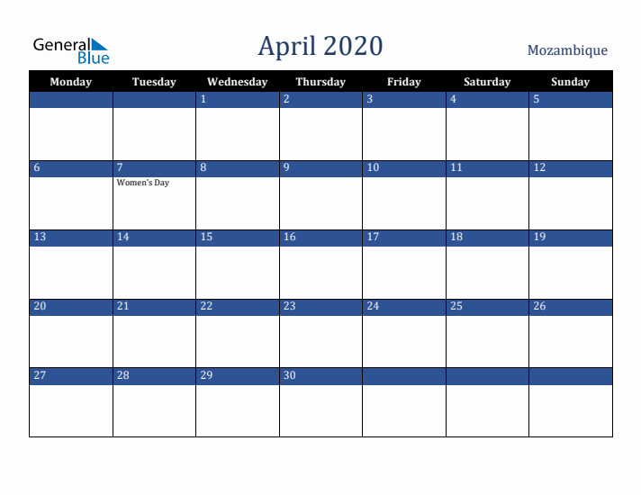 April 2020 Mozambique Calendar (Monday Start)