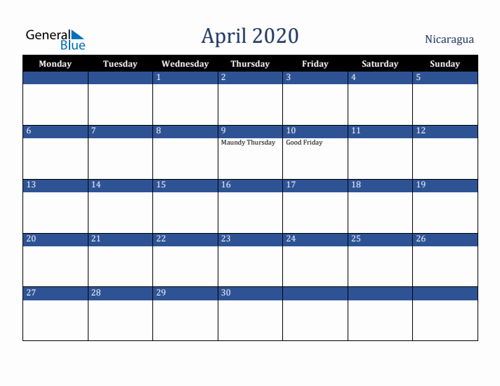 April 2020 Nicaragua Calendar (Monday Start)