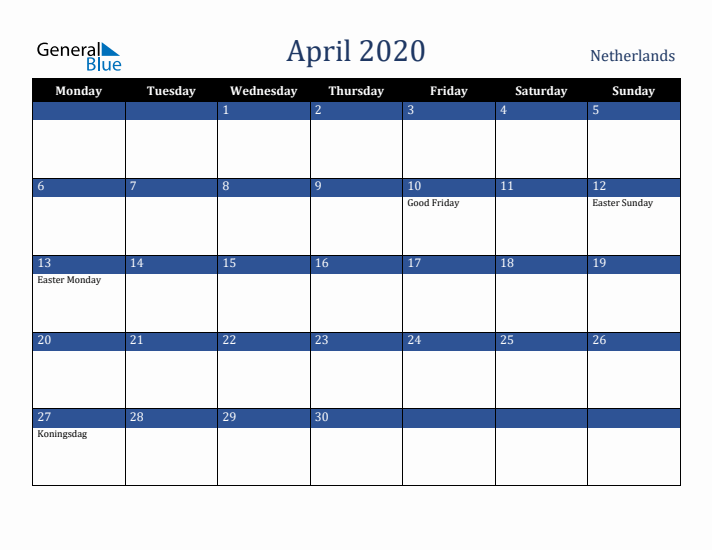 April 2020 The Netherlands Calendar (Monday Start)