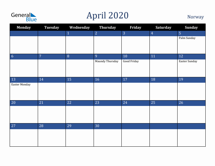 April 2020 Norway Calendar (Monday Start)