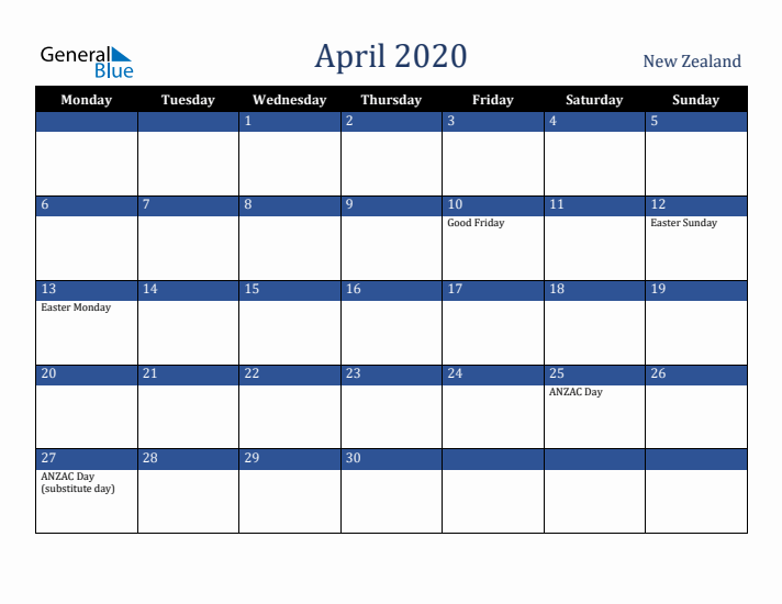 April 2020 New Zealand Calendar (Monday Start)