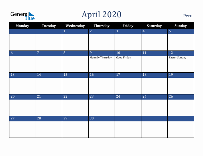 April 2020 Peru Calendar (Monday Start)