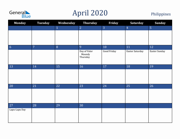 April 2020 Philippines Calendar (Monday Start)