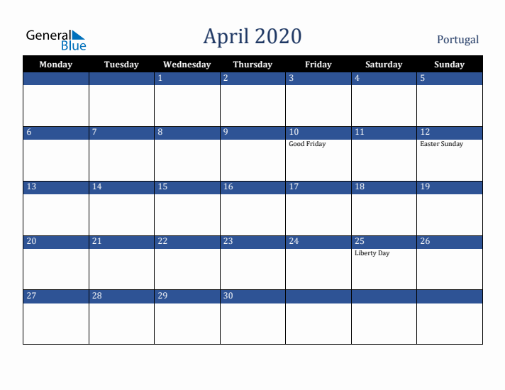 April 2020 Portugal Calendar (Monday Start)