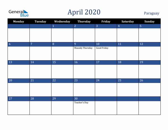 April 2020 Paraguay Calendar (Monday Start)