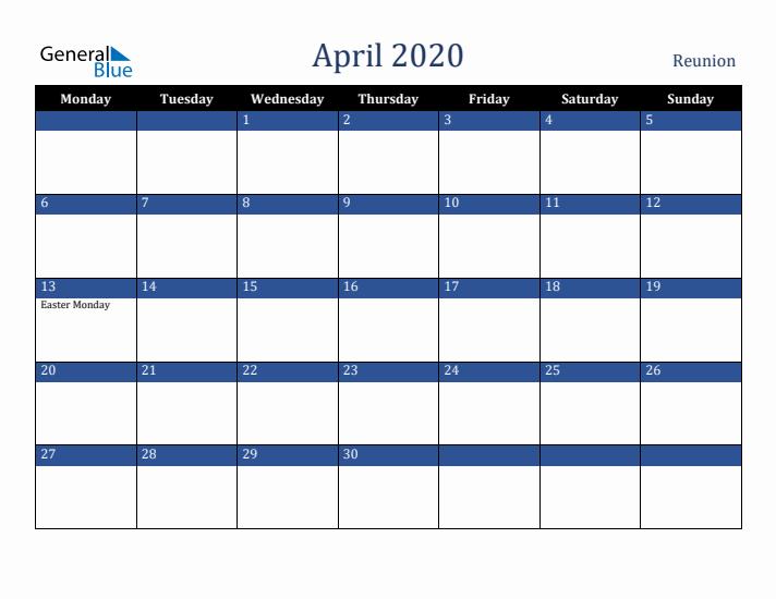 April 2020 Reunion Calendar (Monday Start)