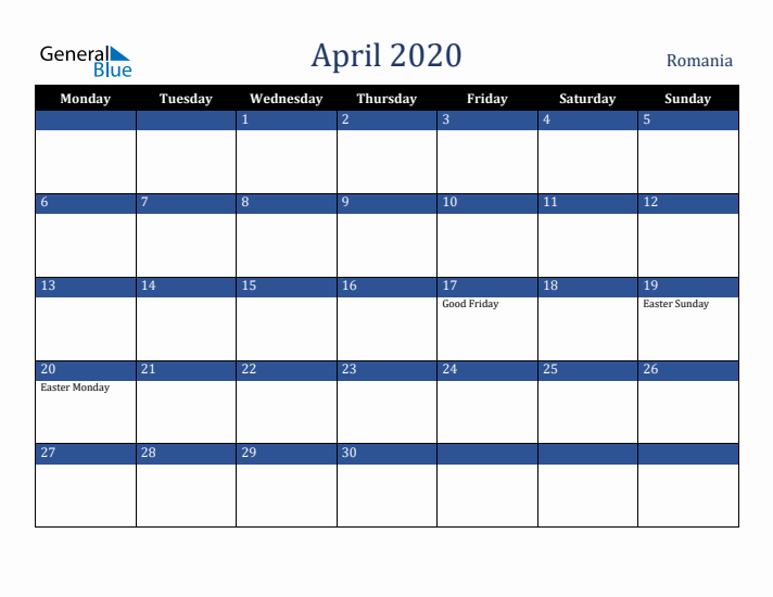 April 2020 Romania Calendar (Monday Start)