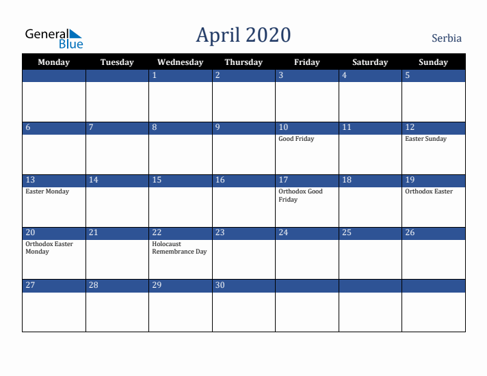April 2020 Serbia Calendar (Monday Start)