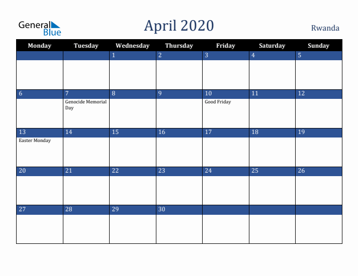 April 2020 Rwanda Calendar (Monday Start)