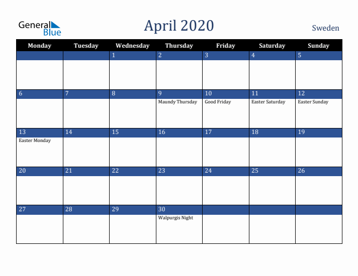 April 2020 Sweden Calendar (Monday Start)
