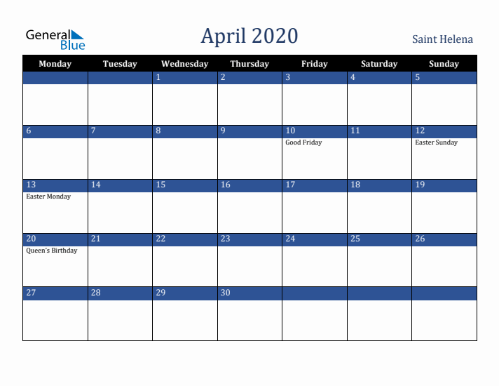 April 2020 Saint Helena Calendar (Monday Start)