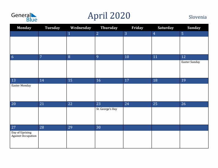 April 2020 Slovenia Calendar (Monday Start)