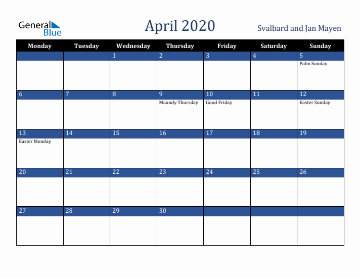April 2020 Svalbard and Jan Mayen Calendar (Monday Start)
