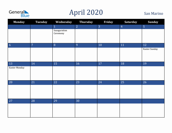 April 2020 San Marino Calendar (Monday Start)