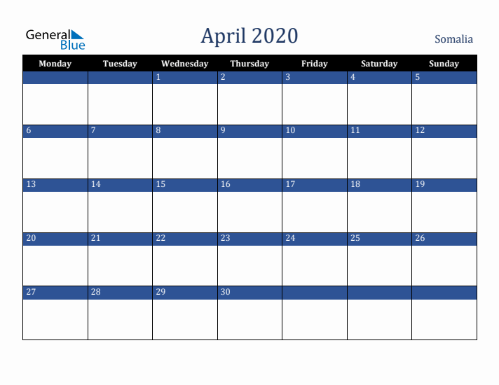 April 2020 Somalia Calendar (Monday Start)