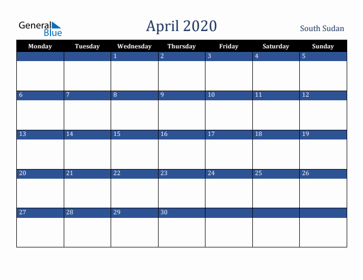 April 2020 South Sudan Calendar (Monday Start)