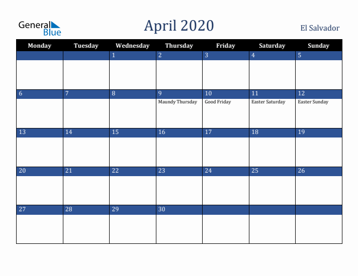 April 2020 El Salvador Calendar (Monday Start)
