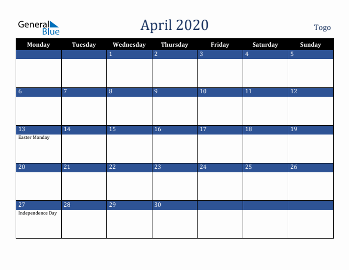 April 2020 Togo Calendar (Monday Start)