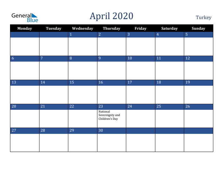 April 2020 Turkey Calendar (Monday Start)
