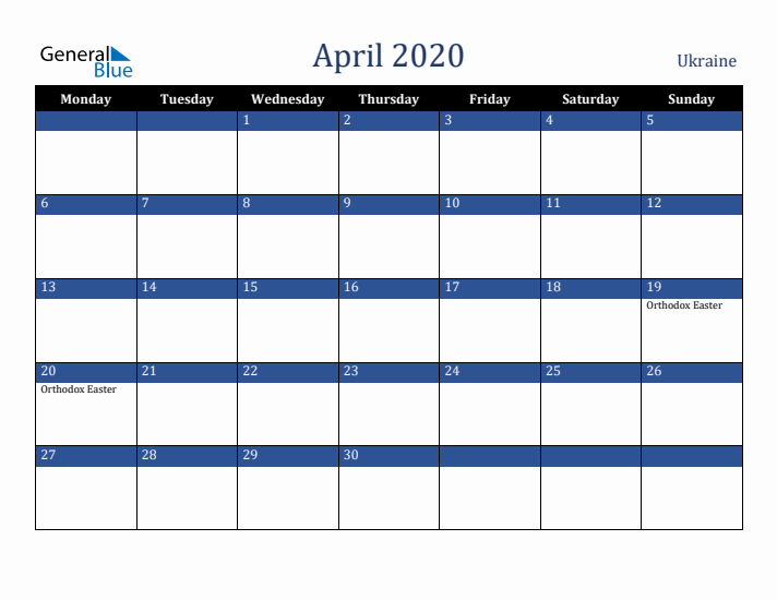 April 2020 Ukraine Calendar (Monday Start)