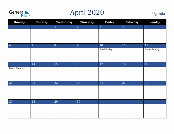 April 2020 Uganda Calendar (Monday Start)