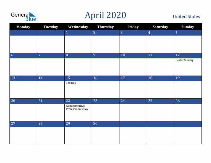 April 2020 United States Calendar (Monday Start)