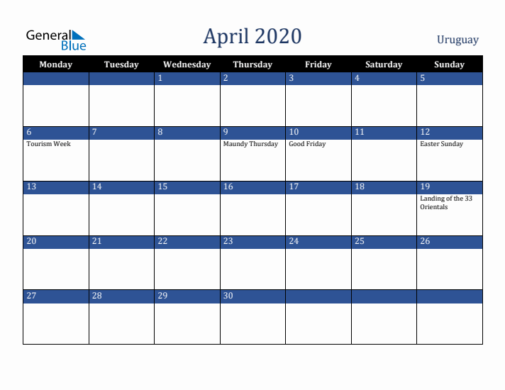 April 2020 Uruguay Calendar (Monday Start)