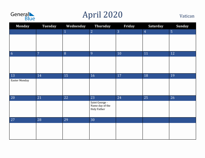 April 2020 Vatican Calendar (Monday Start)