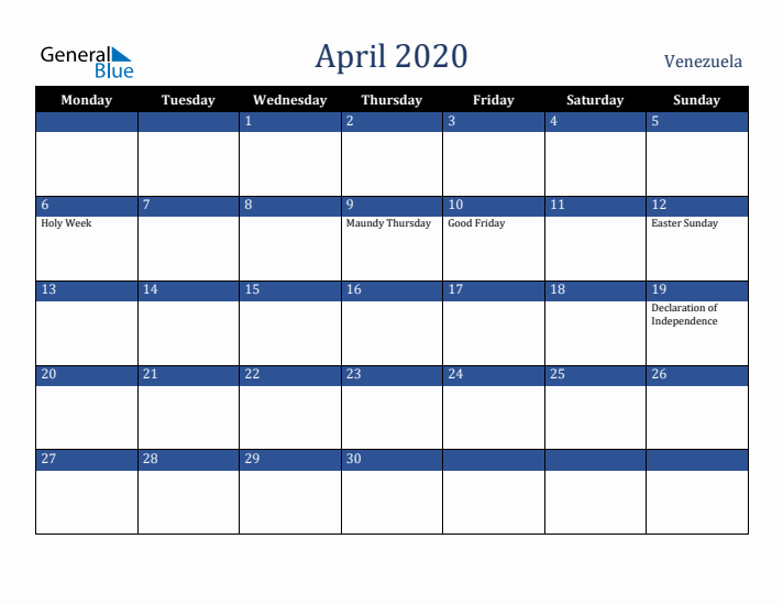 April 2020 Venezuela Calendar (Monday Start)
