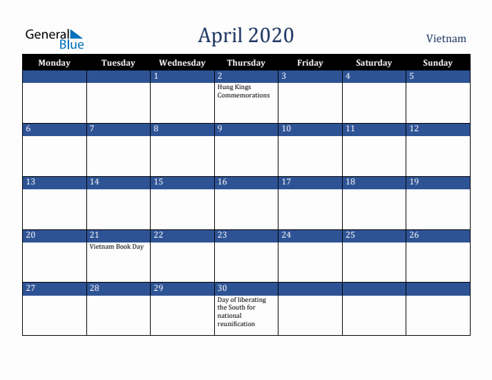 April 2020 Vietnam Calendar (Monday Start)