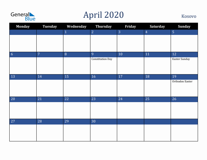 April 2020 Kosovo Calendar (Monday Start)