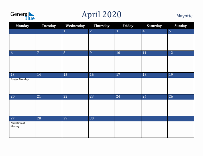 April 2020 Mayotte Calendar (Monday Start)