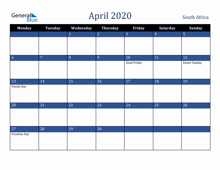 April 2020 South Africa Calendar (Monday Start)