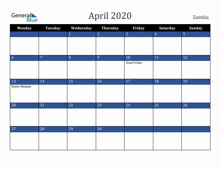 April 2020 Zambia Calendar (Monday Start)