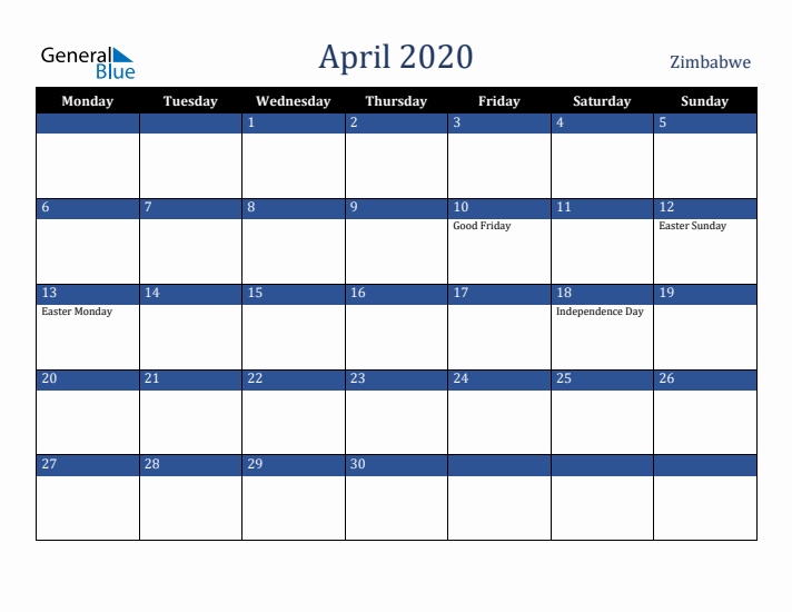 April 2020 Zimbabwe Calendar (Monday Start)