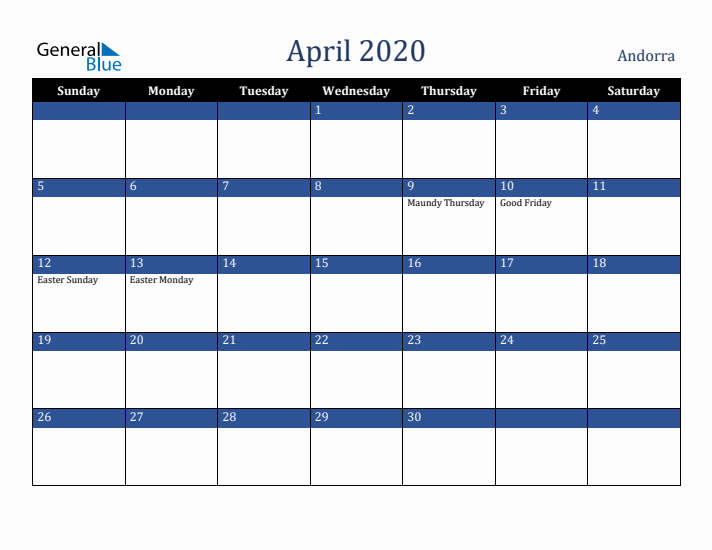 April 2020 Andorra Calendar (Sunday Start)